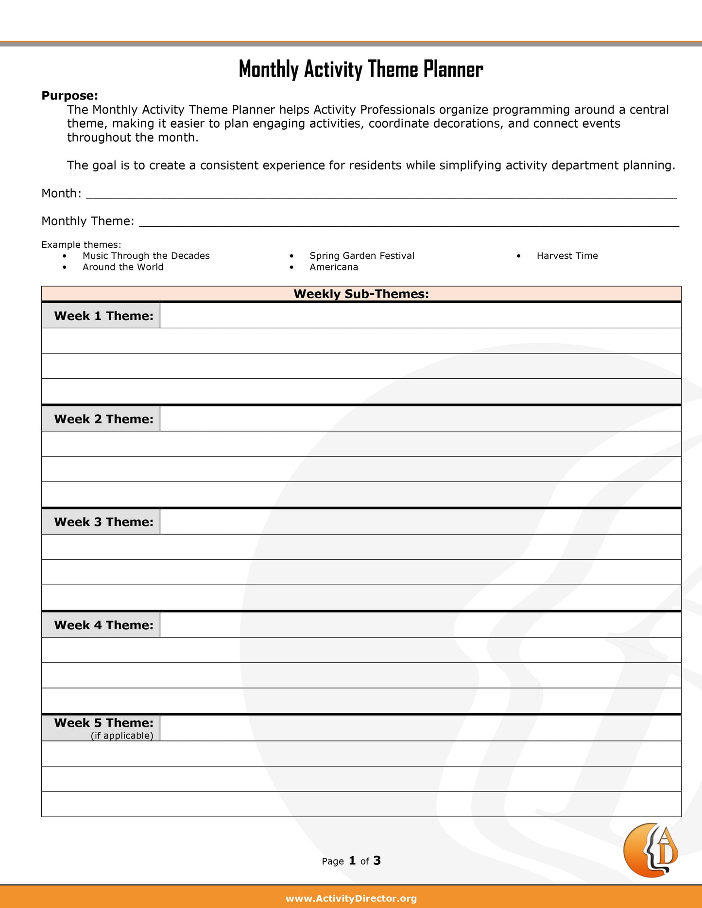 Monthly Activity Theme Planner