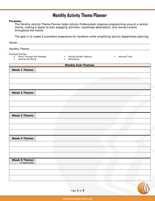 Monthly Activity Theme Planner